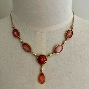 Coral Sunburst Necklace with‎ Gold Tone Chain and Alternating Oval Beads 8" Long